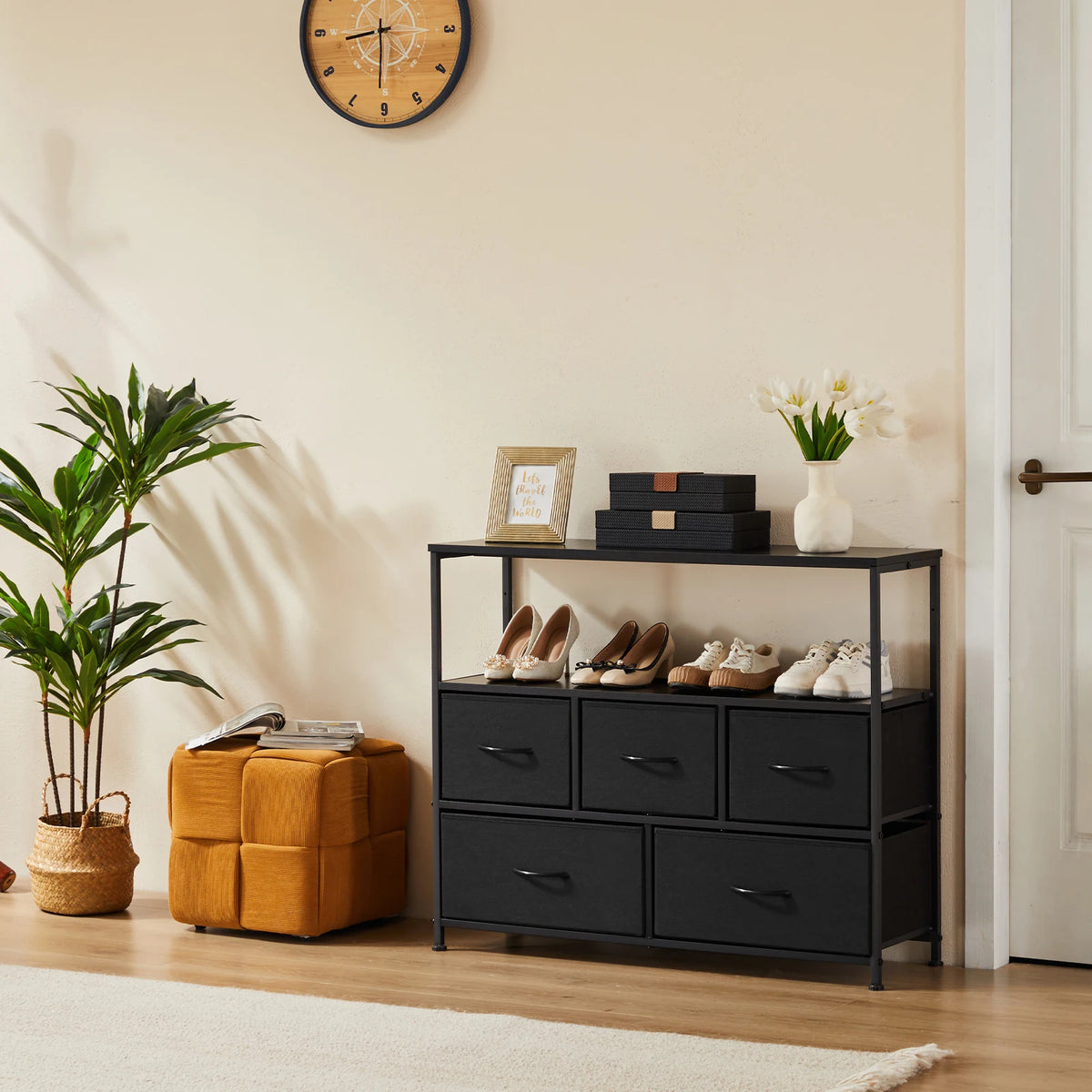 JHK Armário de sapatos com 5 gavetas de tecido, armazenamento de brinquedos, suporte de TV, sapateira multicamadas, economiza espaço, armário de móveis para casa