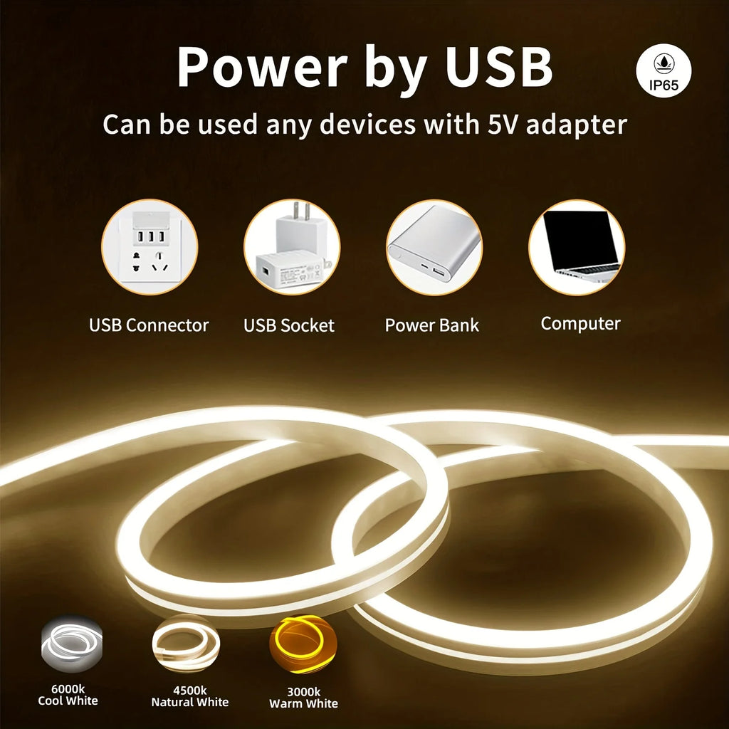 Fita de LED Neon USB DC 5V com Sensor de Toque Regulável, Fita de Silicone Flexível à Prova d'Água para Decoração de Ambientes Externos