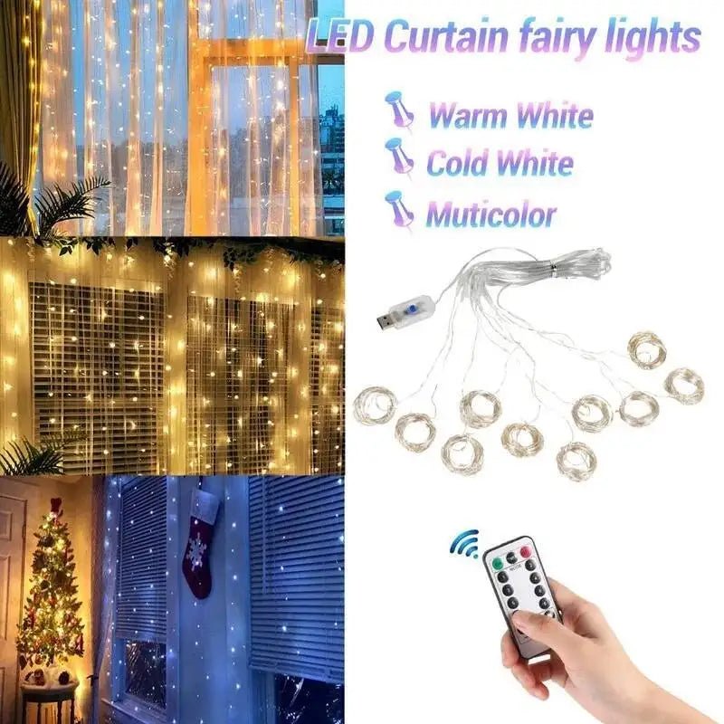 Cortina de natal led luzes da corda guirlanda festival 8 modos usb controle remoto feriado casamento luzes fadas para decoração do quarto