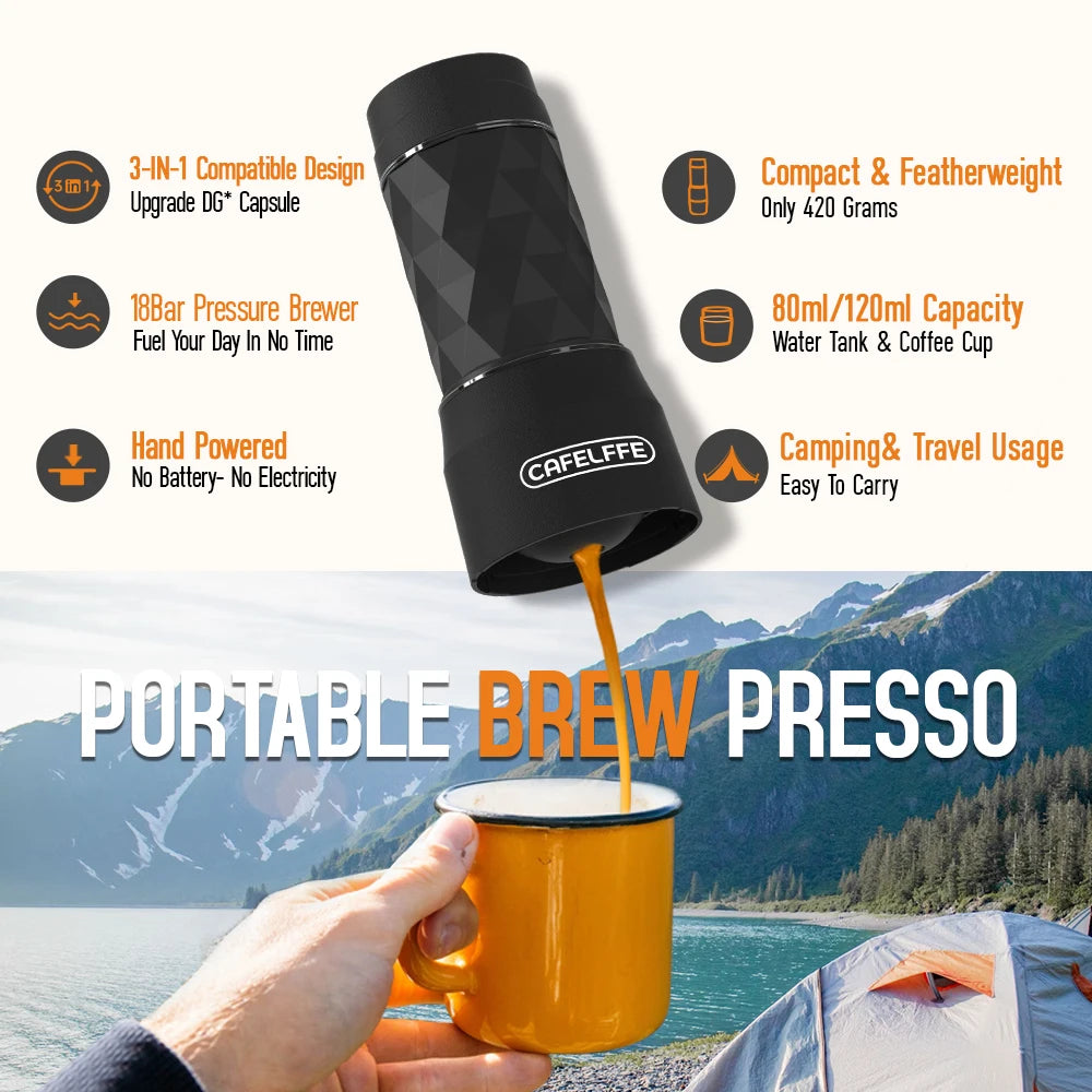 Máquina de Café Portátil Cafelffe 3 em 1, Cafeteira Manual para Cápsulas e Café Moído, Espumador de Leite, Preparador Manual para Viagens e Presentes