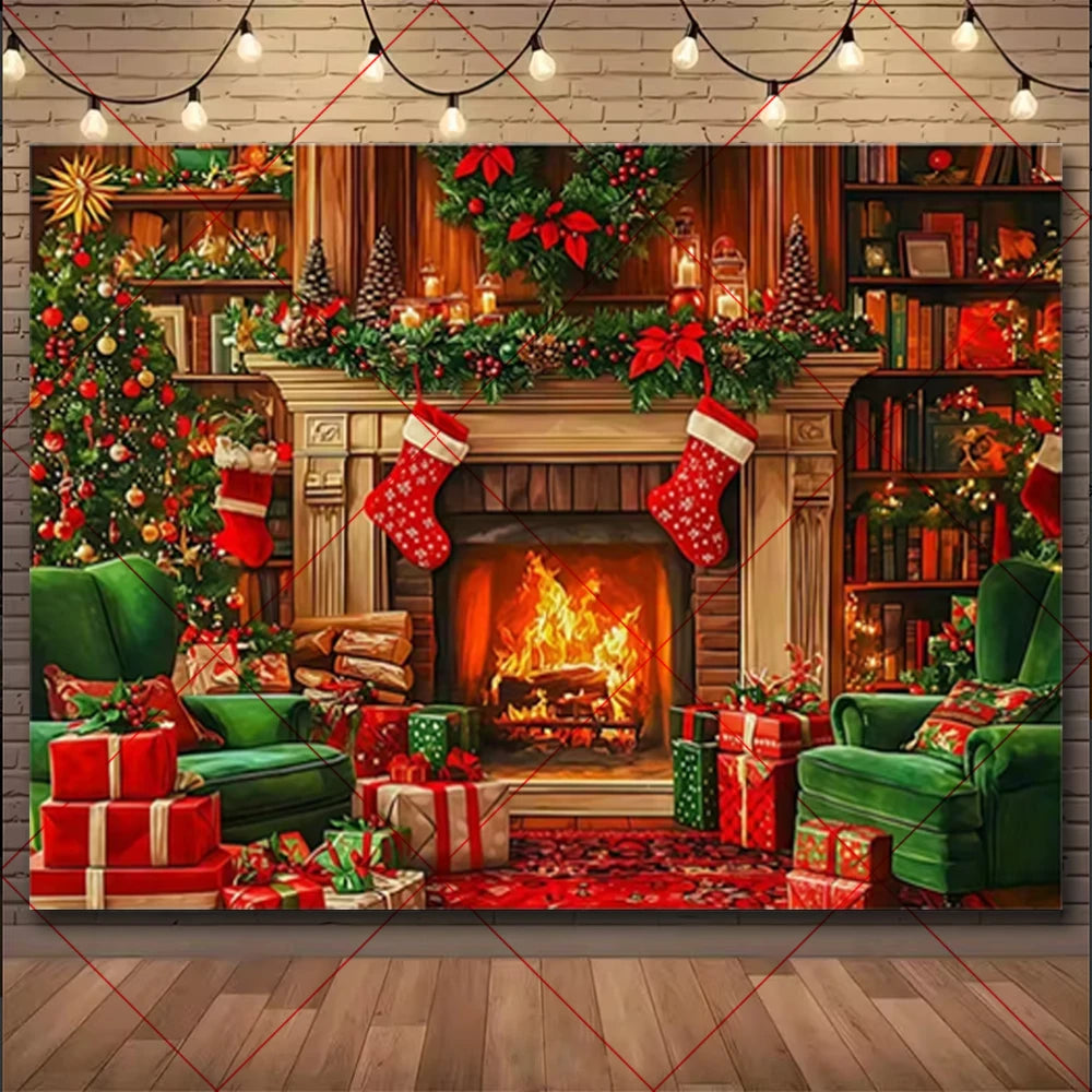 Natal inverno fundo vintage lareira festa decoração crianças photo studio suprimentos árvore de natal lanternas cenário nevado