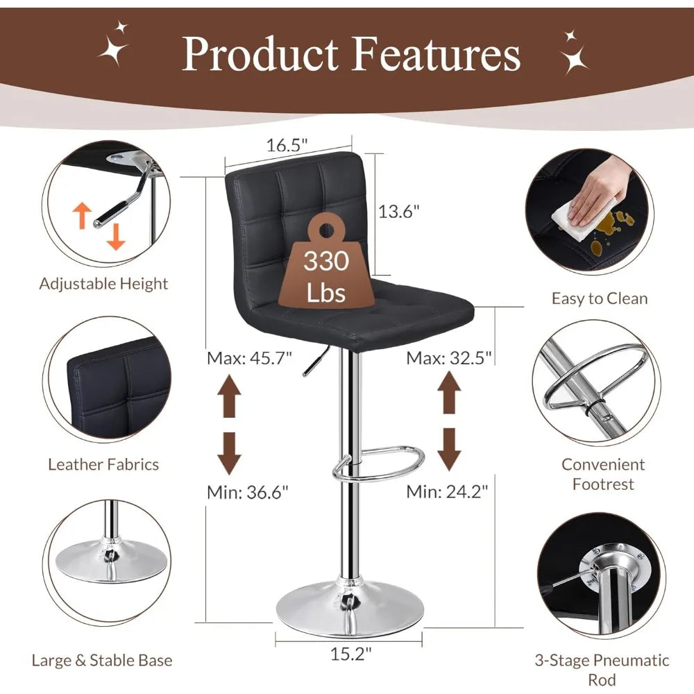 Conjunto de 4 Banquetas Giratórias Ajustáveis, Banquetas Modernas de Couro PU para Cozinha, Banqueta com Encosto Quadrado Personalizada