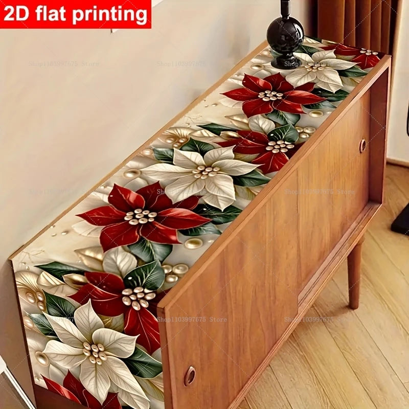 Decorações de Natal, toalha de mesa com estampa de poinsettias e pinhas, toalha de mesa de poliéster, decoração de mesa para festas de Natal e refeições de inverno.
