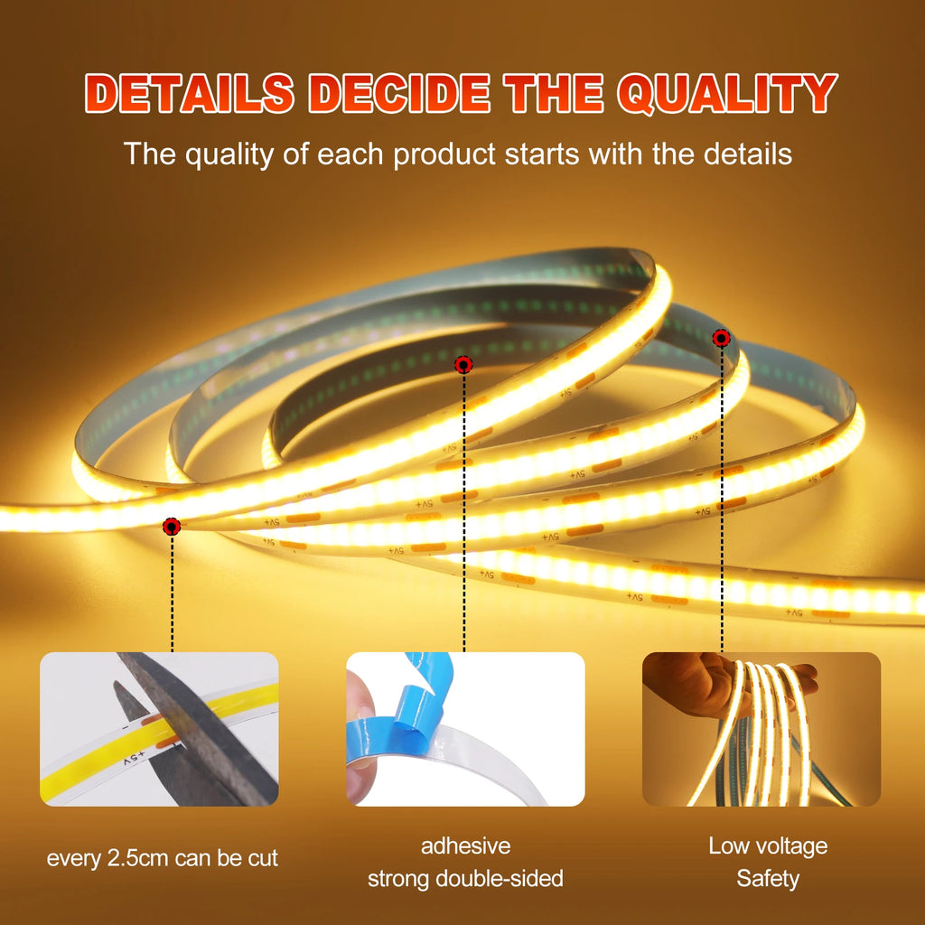 Dimmable COB LED Strip Light, Fita com interruptor ON OFF, Iluminação Linear de Alta Densidade, Fita Adesiva, USB, Flexível, 320LEDs, 5V