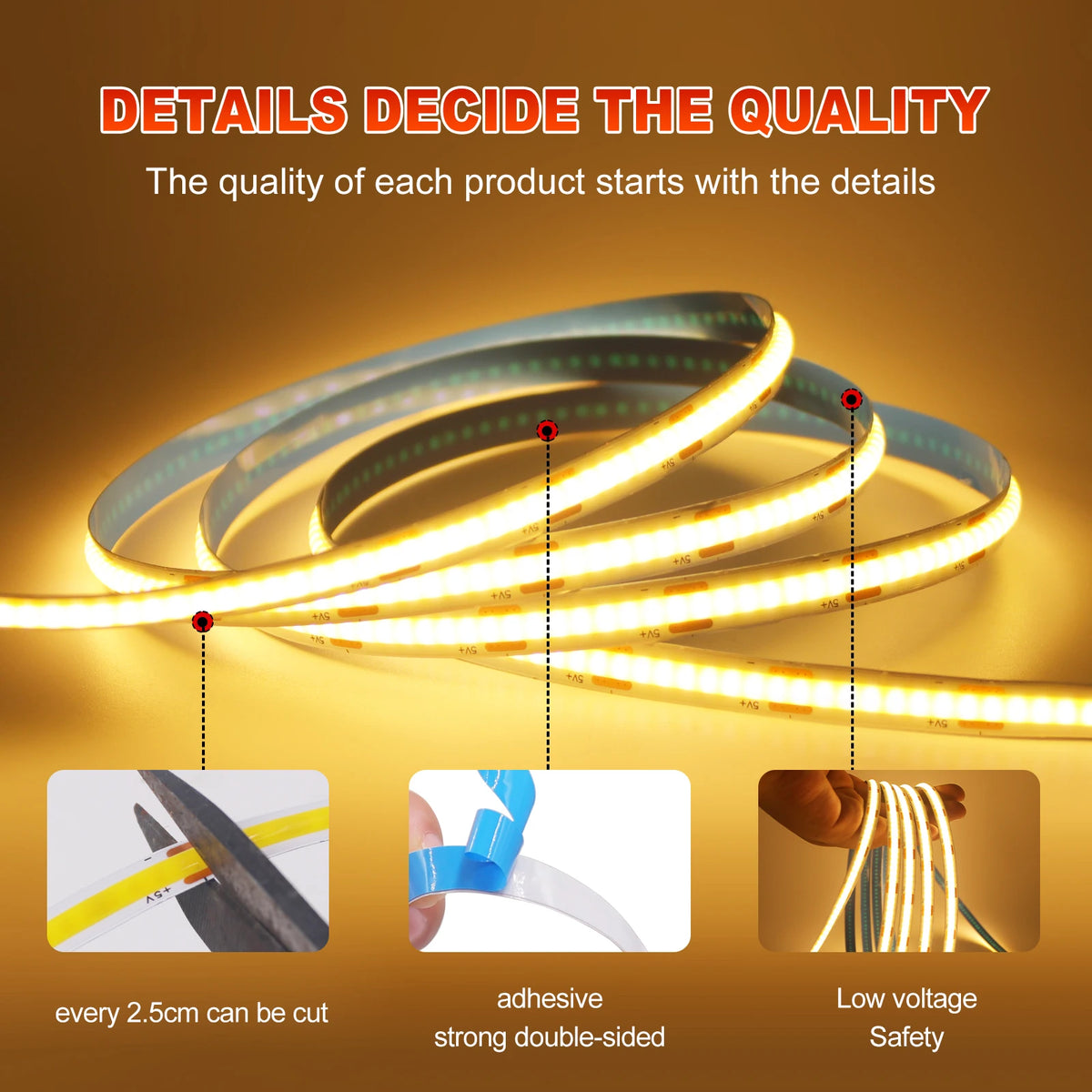 Dimmable COB LED Strip Light, Fita com interruptor ON OFF, Iluminação Linear de Alta Densidade, Fita Adesiva, USB, Flexível, 320LEDs, 5V