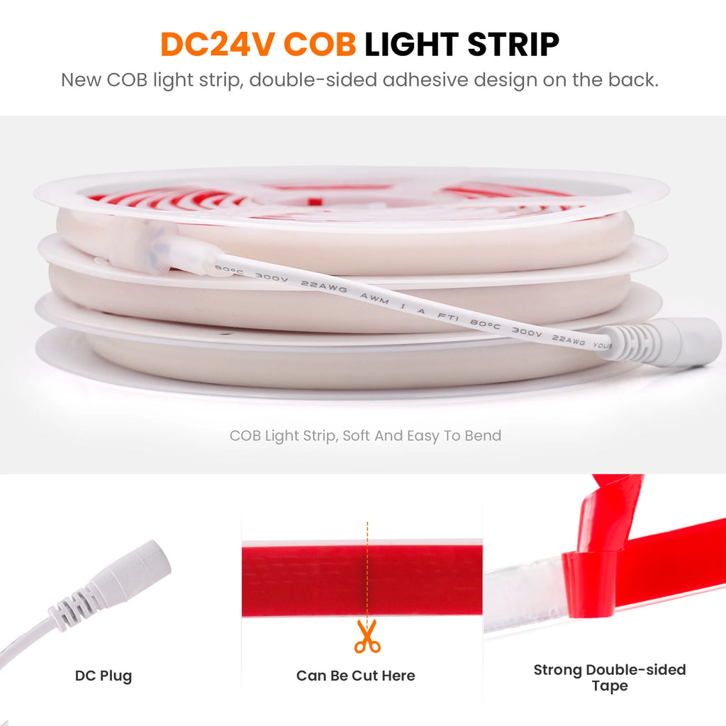 Fita de néon led cob à prova d'água ip68, 12v, 24v, 320leds/m, fita flexível ra90, forro de alta densidade, iluminação 3000k-6000k