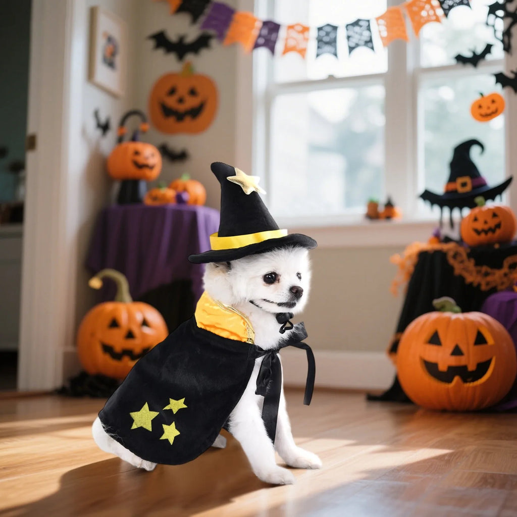Halloween cão cosplay trajes engraçados roupas para animais de estimação ajustável cães cos conjuntos de capa com chapéu festa novidade vestir-se acessórios