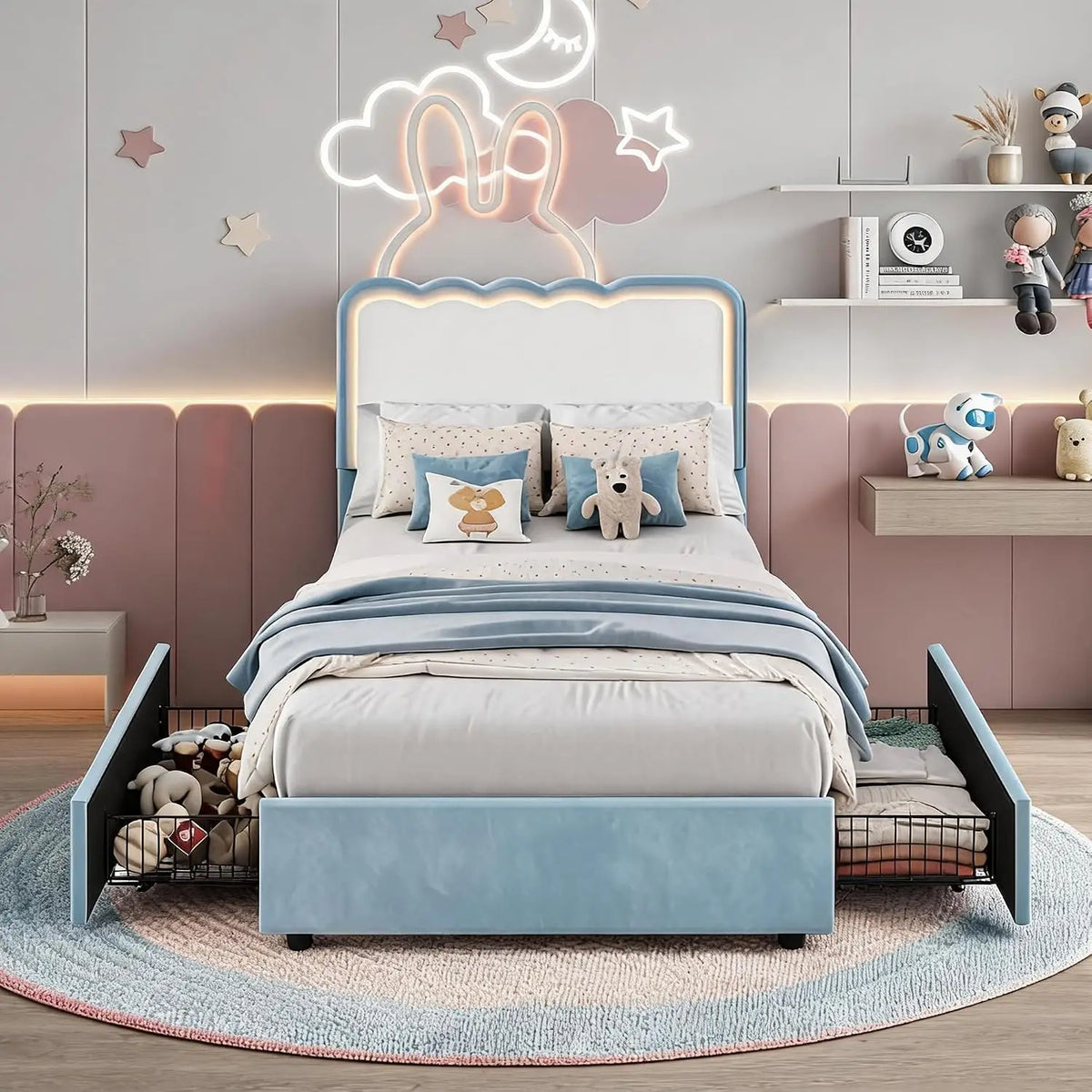 Cama de casal estofada com LED e 2 gavetas de armazenamento, cabeceira de veludo ajustável, cama plataforma para crianças, sem necessidade de estrado.