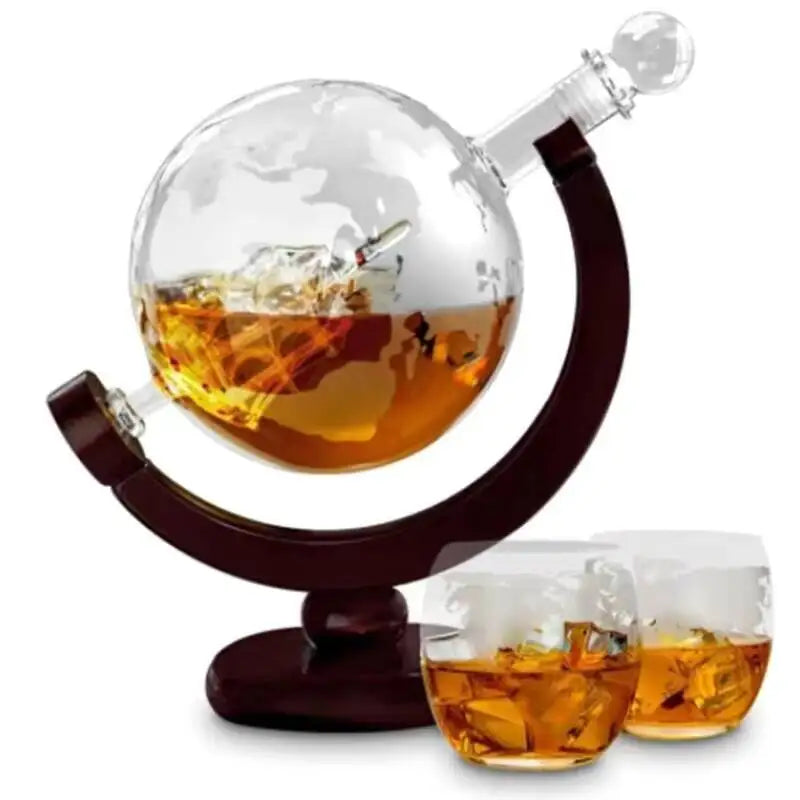 Decantador de uísque antigo, 850ml, navio, dispensador de uísque para licor, bourbon, vodka, vidro de vinho, globo com suporte de madeira, imperdível