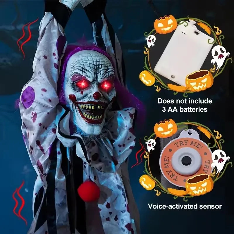 Decorações de halloween elétrica ativada por voz pendurado palhaço fantasma pendurado casa assombrada adereços de decoração de terror