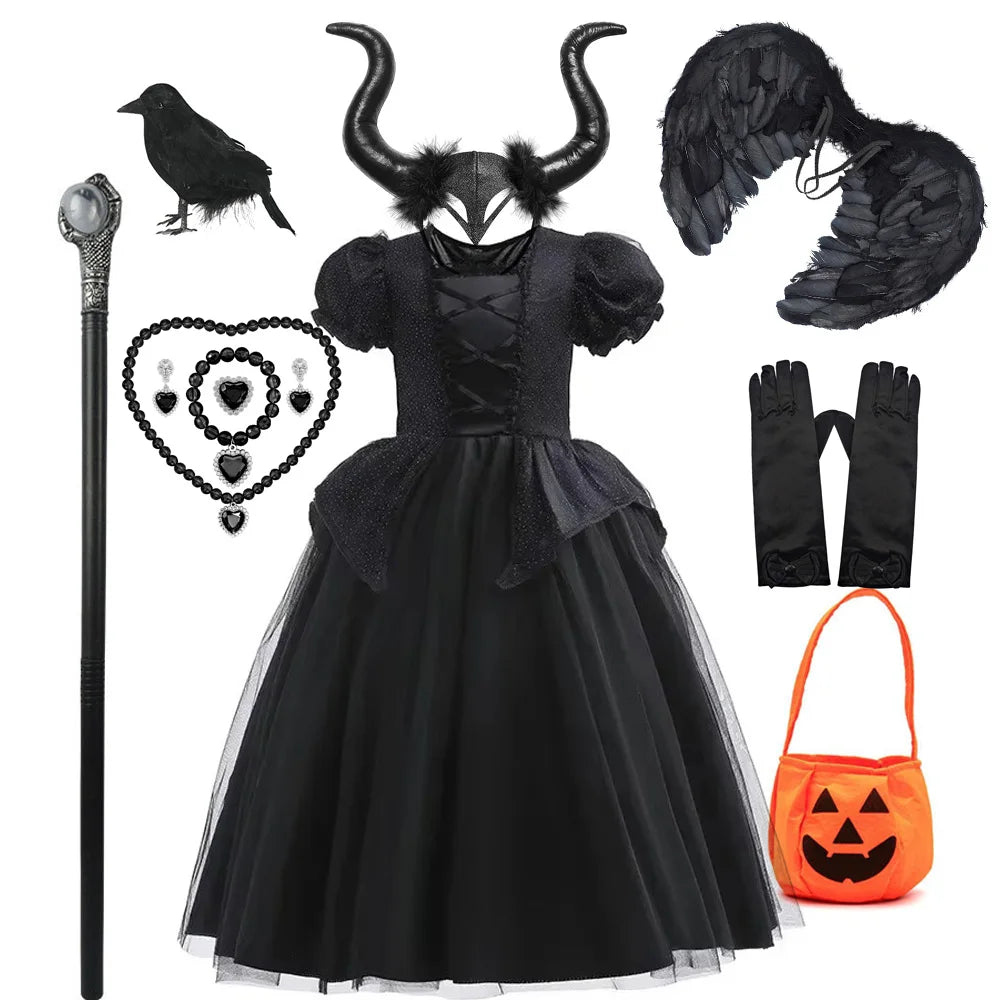 Traje de halloween para crianças vestido de bruxa preta com asas lantejoulas mal rpg traje malévola vestir-se roupa fantasma noiva