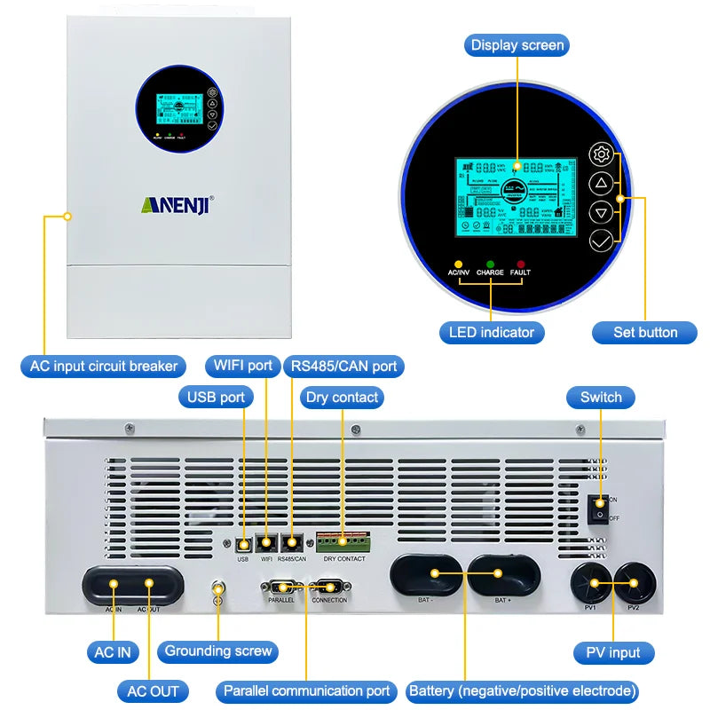 Inversor Solar Híbrido ANENJI de Fase Dividida 12KW 48V com 2 MPPT, AC 120VAC 240VAC, Onda Senoidal Pura, Off Grid, Carregador Solar MPPT 200A, Entrada Dupla PV 500VDC