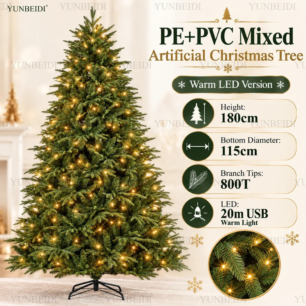 Árvore de Natal artificial em PE e PVC, com luzes LED USB e luzes quentes, árvore de Natal de alta qualidade, de 120 cm a 210 cm