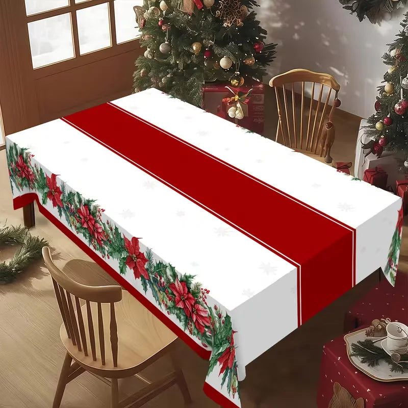 Toalha de Mesa de Natal: Decoração Clássica de Inverno com Estampa de Papai Noel, Floco de Neve e Pinhas – Suprimentos para Cenário Festivo