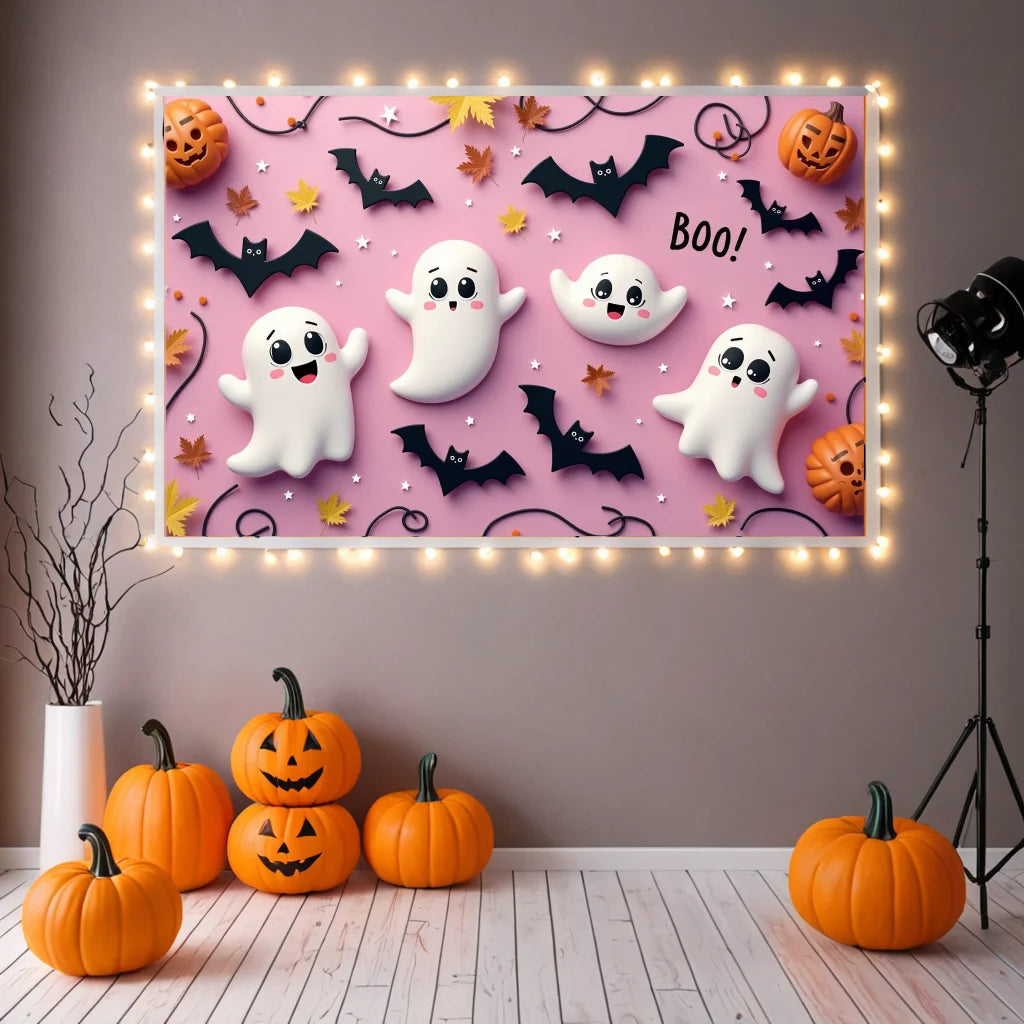 Decoração Halloween Backdrop, Parede Rosa, Fantasma Assustador, Abóbora Saltitante, Fotografia, Birthday Party, Raparigas, Bebé, 180x110cm