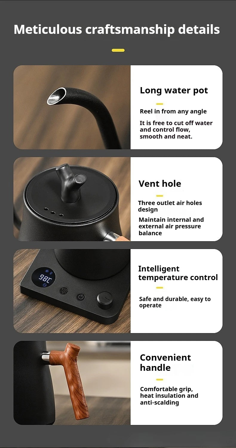 Chaleira Elétrica Gooseneck 1L: Controle Inteligente de Temperatura para Café Coado, Aquecimento Rápido em Aço Inoxidável, 110V e 220V