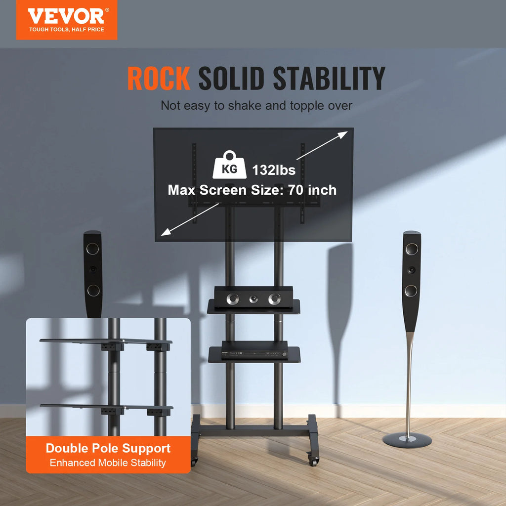 SucceBuy Suporte de TV móvel Suporte de TV com altura ajustável com rodas Bandeja dupla para dispositivos audiovisuais Suporte de TV rolante para quarto
