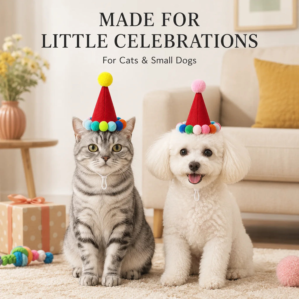 Chapéu de Aniversário para Animais de Estimação, para Gatos e Cães Pequenos, Boné de Feltro Ajustável em Forma de Cone, Fantasia Colorida com Pom Pom, Acessório para Fotos e Celebrações