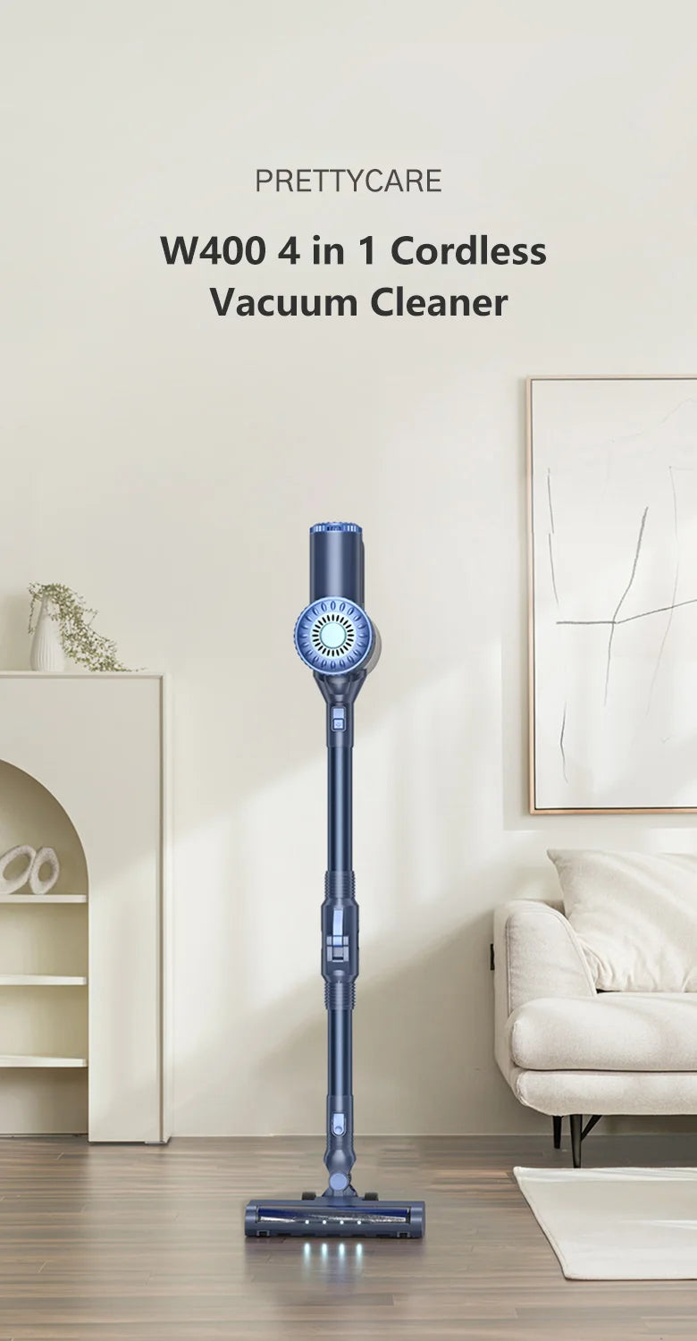 Aspirador de Pó Sem Fio PrettyCare W400 com Sucção de 25KPA, Aspirador Portátil Poderoso com 40 Minutos de Tempo de Funcionamento e Conjunto de 3 Escovas