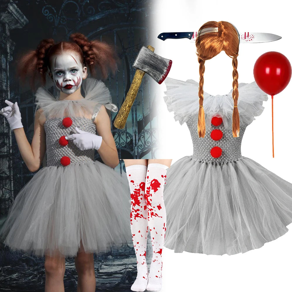 Fantasia de Palhaço Assustador para Meninas, Vestido Tutu de Tule Cinza, Roupa de Cosplay para Halloween, Carnaval dos Mortos e Festas de Palco