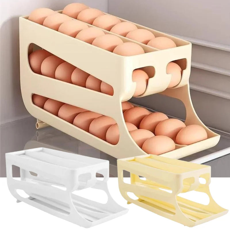 Organizador de ovos com rolagem automática para cozinha, dispensador de ovos de plástico, rack de armazenamento, suporte de ovos que economiza espaço para uso na geladeira, acessórios de cozinha