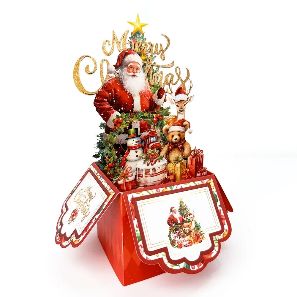 Cartões de Natal com Tema de Árvore de Natal, Papai Noel e Rena, Cartão Pop-Up 3D com Envelope, Suprimentos de Decoração para Festas de Fim de Ano, 1 unidade