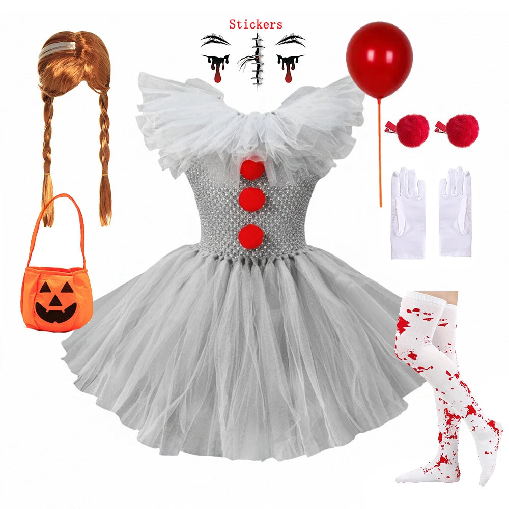 Fantasia de Palhaço Assustador para Meninas, Vestido Tutu de Tule Cinza, Roupa de Cosplay para Halloween, Carnaval dos Mortos e Festas de Palco