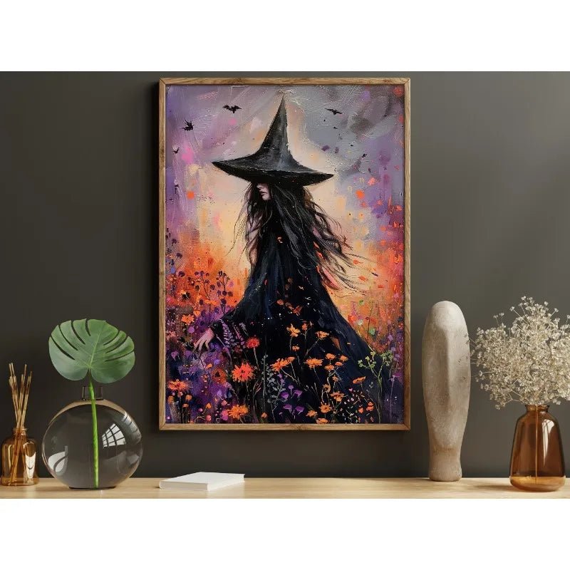 Pôster de Decoração de Parede de Halloween: Bruxa Sombria no Bosque com Flores - Impressão em Tela Sem Moldura para Decoração Festiva de Casa - Kasa & Pet