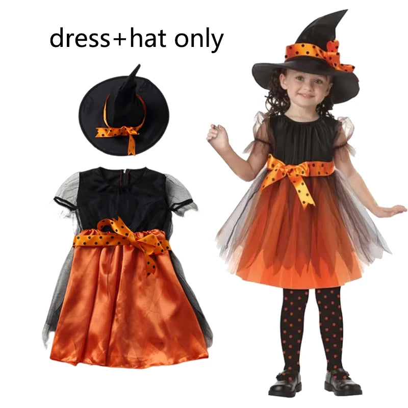 Fantasia de Halloween para Meninas 2026, Conjunto de Vestido de Bruxa com Chapéu e Bolsa