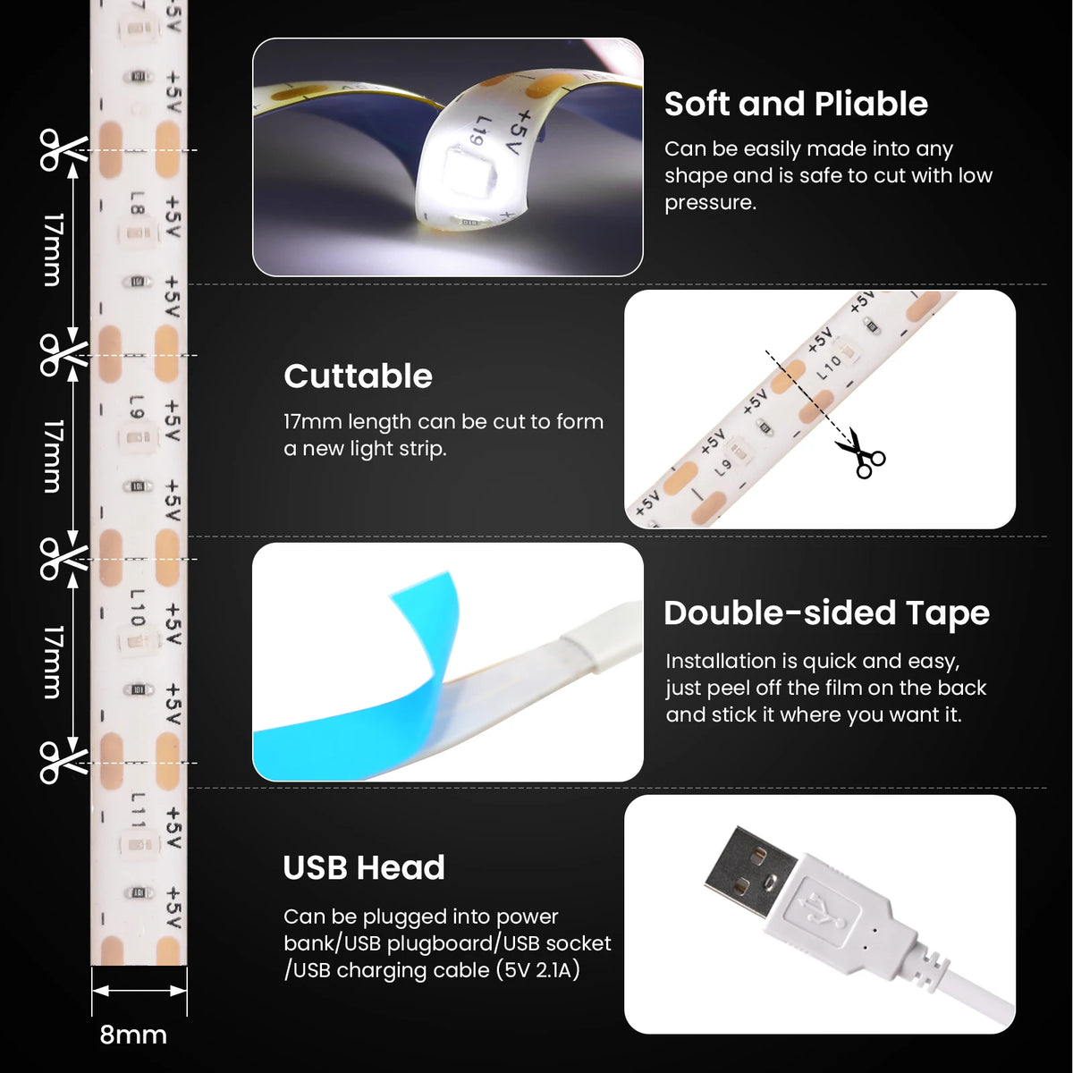 5v 2835 luz de tira led usb 60leds/m fita flexível led com interruptor branco quente à prova dwaterproof água luzes led para decoração do quarto
