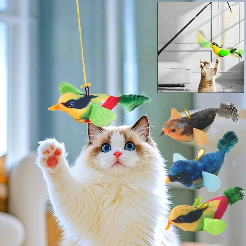 Brinquedo interativo para gatos, em forma de pássaro de pelúcia, ativado por som e fixado na parede, com catnip, para brincadeiras e entretenimento de gatos em ambientes fechados.