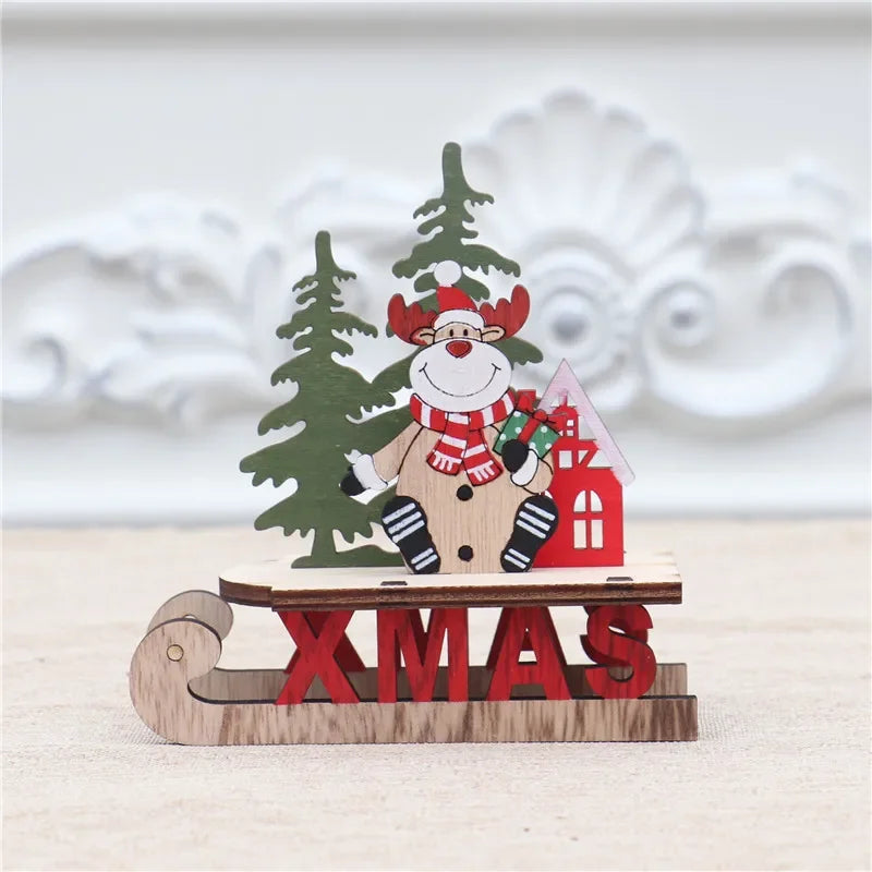 Decorações de natal de madeira diy trenó esqui dos desenhos animados santa ornamento de mesa presente das crianças pequeno presente
