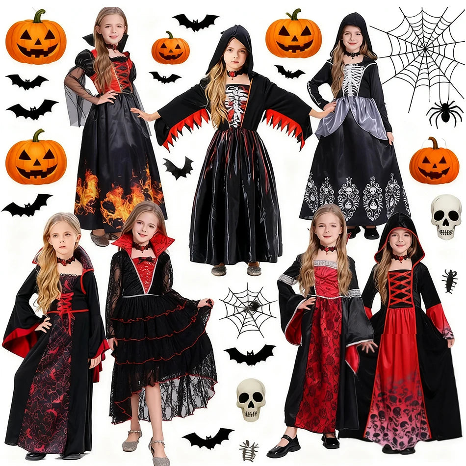 Vestido clássico de bruxa preta para meninas, fantasia de halloween com chapéu pontudo e acessórios de vassoura, fantasia de bruxa elegante para meninas