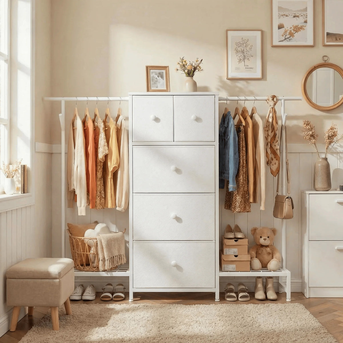 Cômoda e Cabideiro 3 em 1 – 147 cm de Largura com 5 Gavetas e Sapateira, Ganchos Laterais para Armazenamento no Quarto e Closet