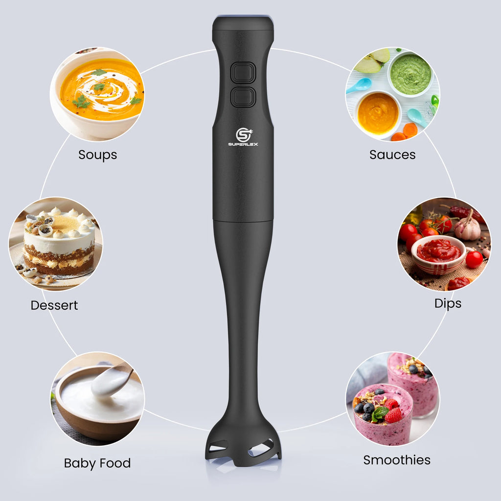 SUPERLEX 350W Mixer de Imersão 4 em 1, Conjunto de Mixer Elétrico Portátil com Batedor, Copo Medidor de 500ml e Picador de 700ml, Controle de 2 Velocidades para Sopas, Smoothies, Papinhas e Carne Moída