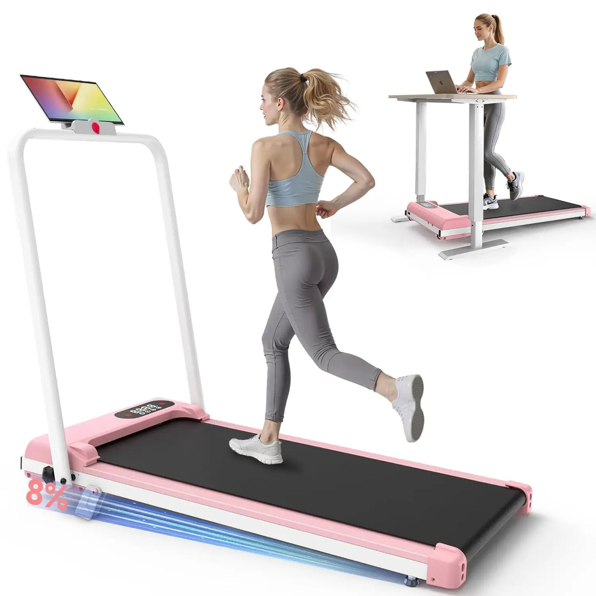 Esteira Ergométrica Dobrável com Barra de Apoio, Esteira com Inclinação de 8%, 2.5HP Silenciosa para Uso Sob a Mesa, Capacidade de 145 kg, Esteiras 2 em 1, Personalizável