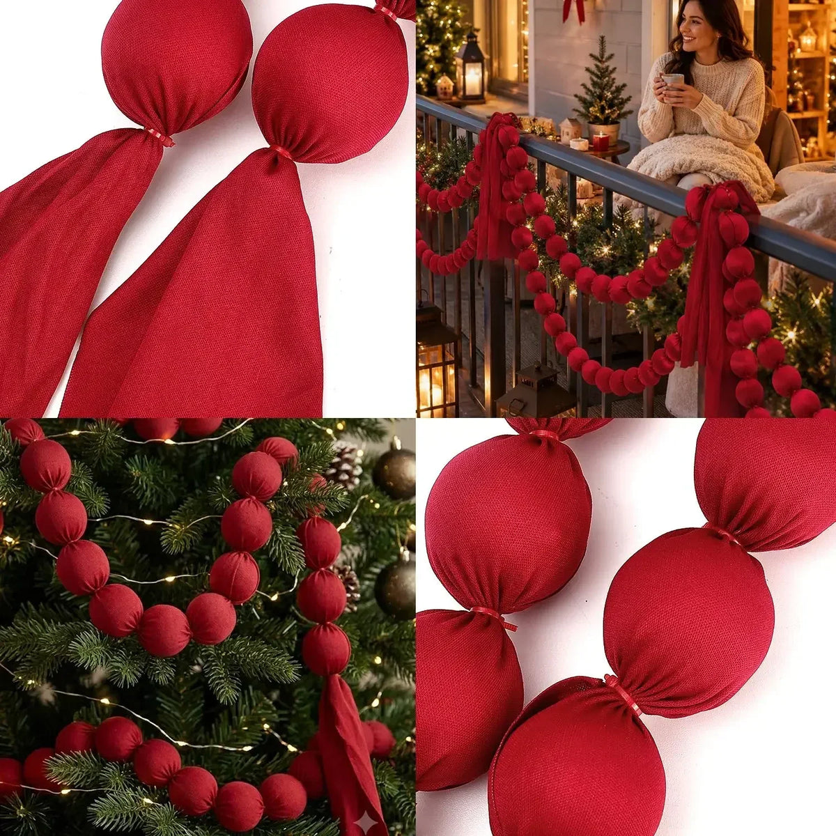 Guirlanda de bolas de Natal para pendurar, bolas de tecido vermelho, cordão para decoração de árvore de Natal, decoração para pendurar na janela, bolas de tecido macio e suave, artigos para festas.