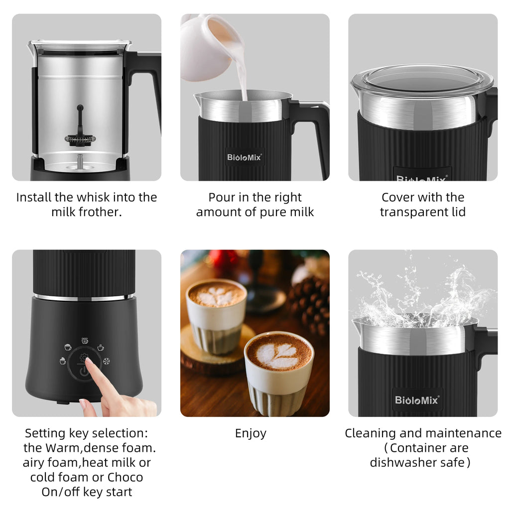 Batedor de leite e vaporizador removível BioloMix, fabricante automático de espuma quente/frio e chocolate quente 5 em 1, seguro para máquina de lavar louça