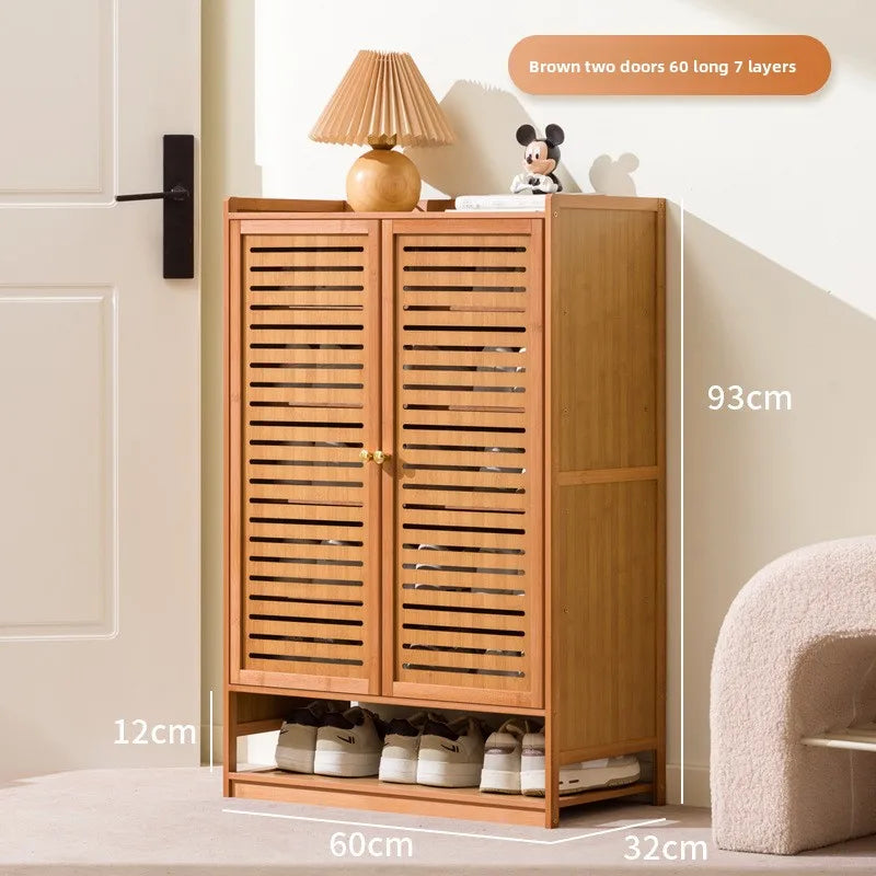 Armário de Sapatos de Bambu com Porta de Persiana, Armário de Armazenamento Multicamadas para Sala de Estar, Armário de Jantar, Armário de Utensílios de Cozinha