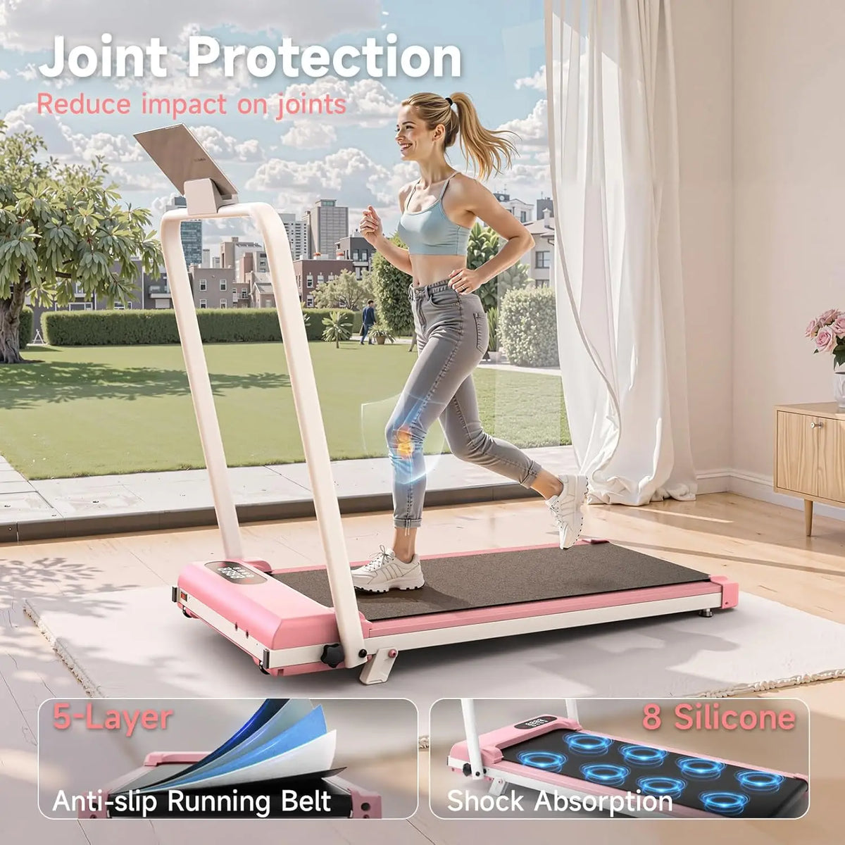 Esteira Ergométrica Dobrável com Barra de Apoio, Esteira com Inclinação de 8%, 2.5HP Silenciosa para Uso Sob a Mesa, Capacidade de 145 kg, Esteiras 2 em 1, Personalizável