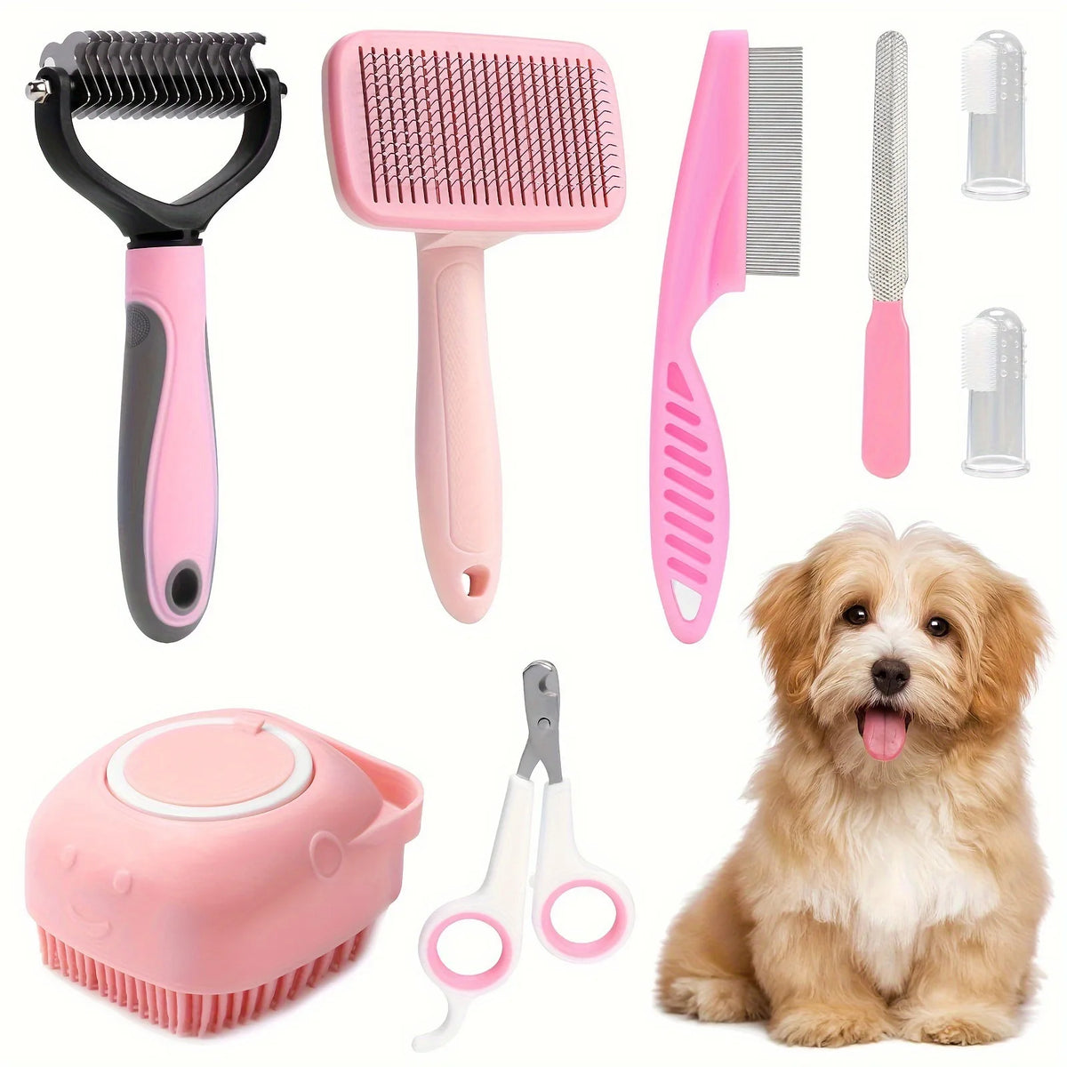 Kit de Beleza para Gatos com 8 Peças: Escova, Cortador de Unhas e Lixas, Kit de Higiene para Animais de Estimação, Pente Antipulgas