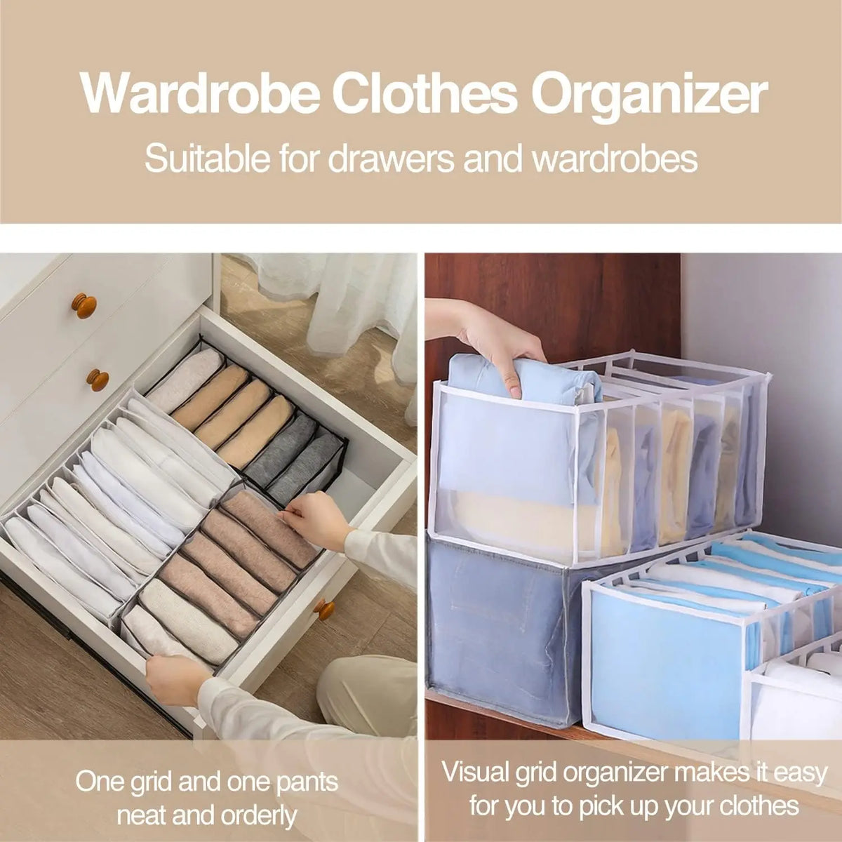 Organizador de Roupas para Armário, 7 Compartimentos, Organizador de Armário Portátil Lavável, Caixa de Armazenamento com Separação em Malha, Organizador de Gavetas Dobrável