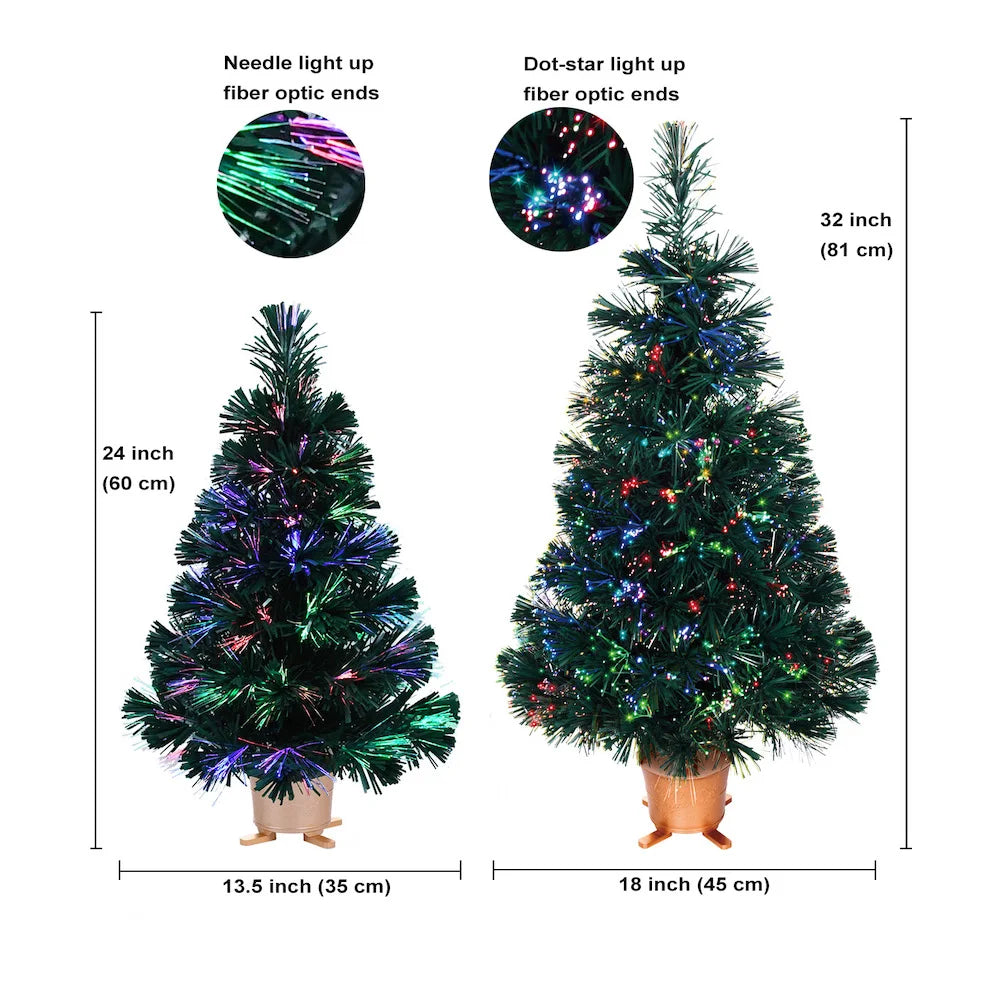 Mini árvore de Natal artificial de mesa de fibra óptica com luzes LED, base dourada, verde, pré-iluminada, árvore de Natal, 24 polegadas