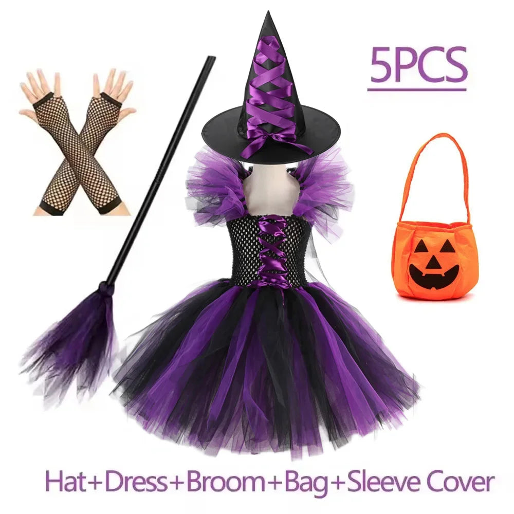 Crianças trajes de bruxa de halloween para meninas carnaval festa fantasia vestido crianças bruxas disfarce tutu roupa com vassoura chapéu