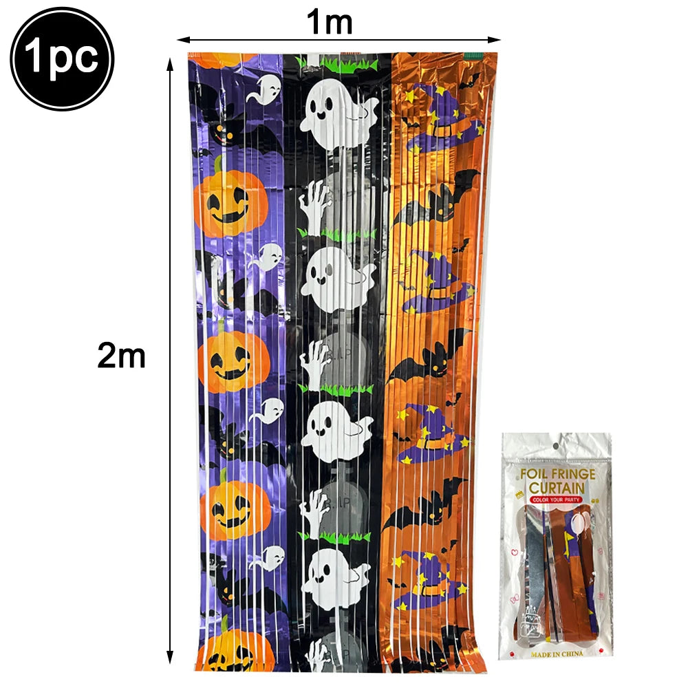 Cortina de Franjas Metalizadas de Halloween, Guirlanda de Enfeites, Painel de Fundo para Fotos com Estampas de Abóbora, Fantasma, Morcego e Boo, Decorações Suspensas para Portas e Paredes de Festa de Halloween