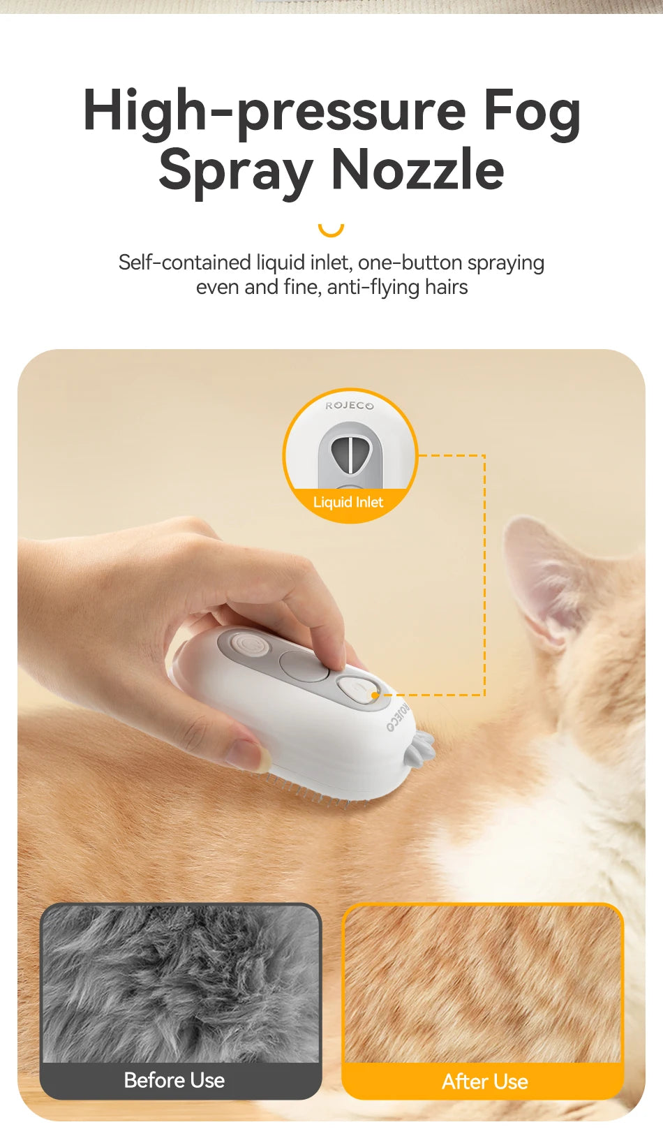 Rojoeco pet vapor pente gato escovas de spray elétrico para remoção do cabelo do cão pentes pet ferramentas aliciamento gatinho escovas remoção do cabelo