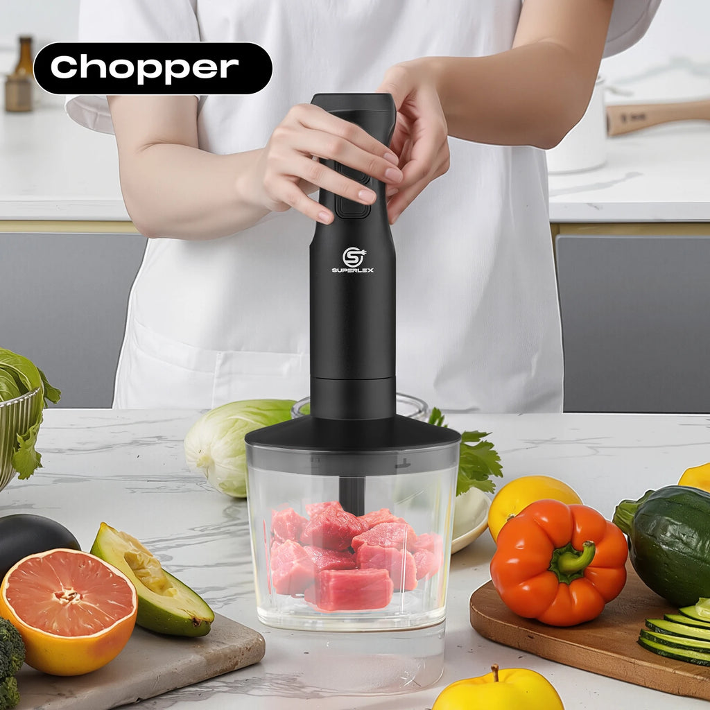 SUPERLEX 350W Mixer de Imersão 4 em 1, Conjunto de Mixer Elétrico Portátil com Batedor, Copo Medidor de 500ml e Picador de 700ml, Controle de 2 Velocidades para Sopas, Smoothies, Papinhas e Carne Moída