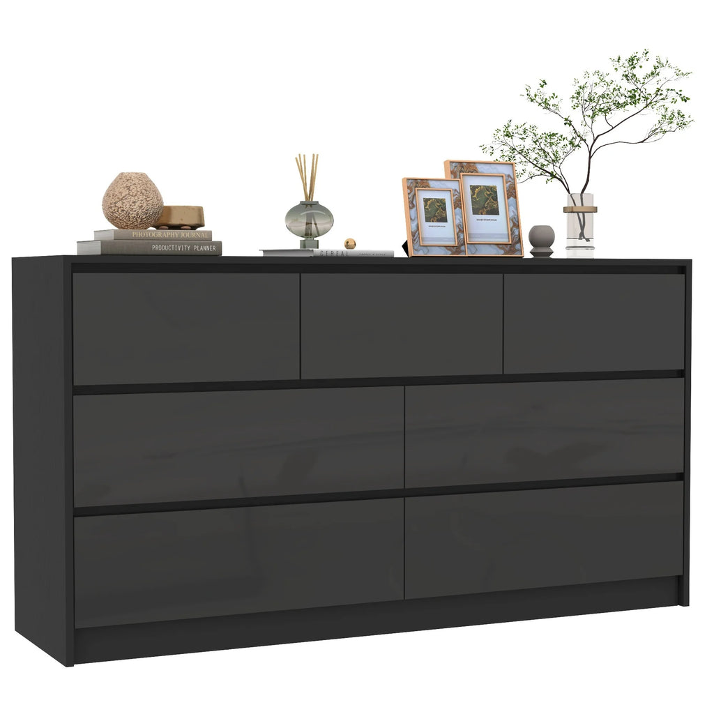 Armário de 7 gavetas com gavetas de alto brilho, grande peito de madeira, branco e preto, 55 "cômoda moderna para o quarto