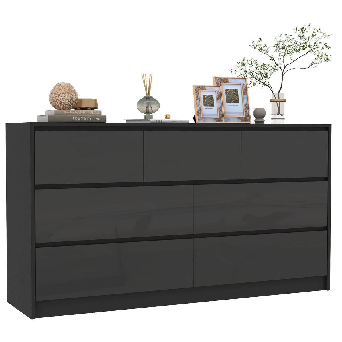 Armário de 7 gavetas com gavetas de alto brilho, grande peito de madeira, branco e preto, 55 "cômoda moderna para o quarto