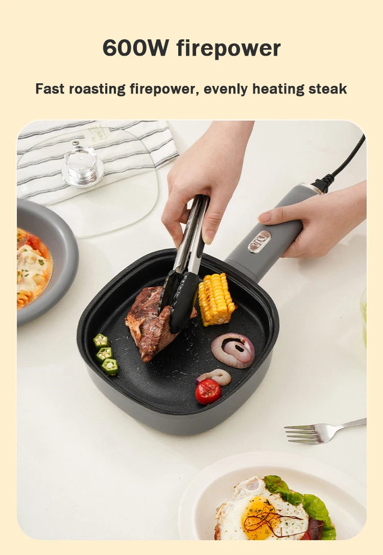 Panela Elétrica DMWD para Fritar, Mini Panela Doméstica Antiaderente para Bifes e Panquecas, Frigideira Elétrica Multifuncional 2 Potências 600W